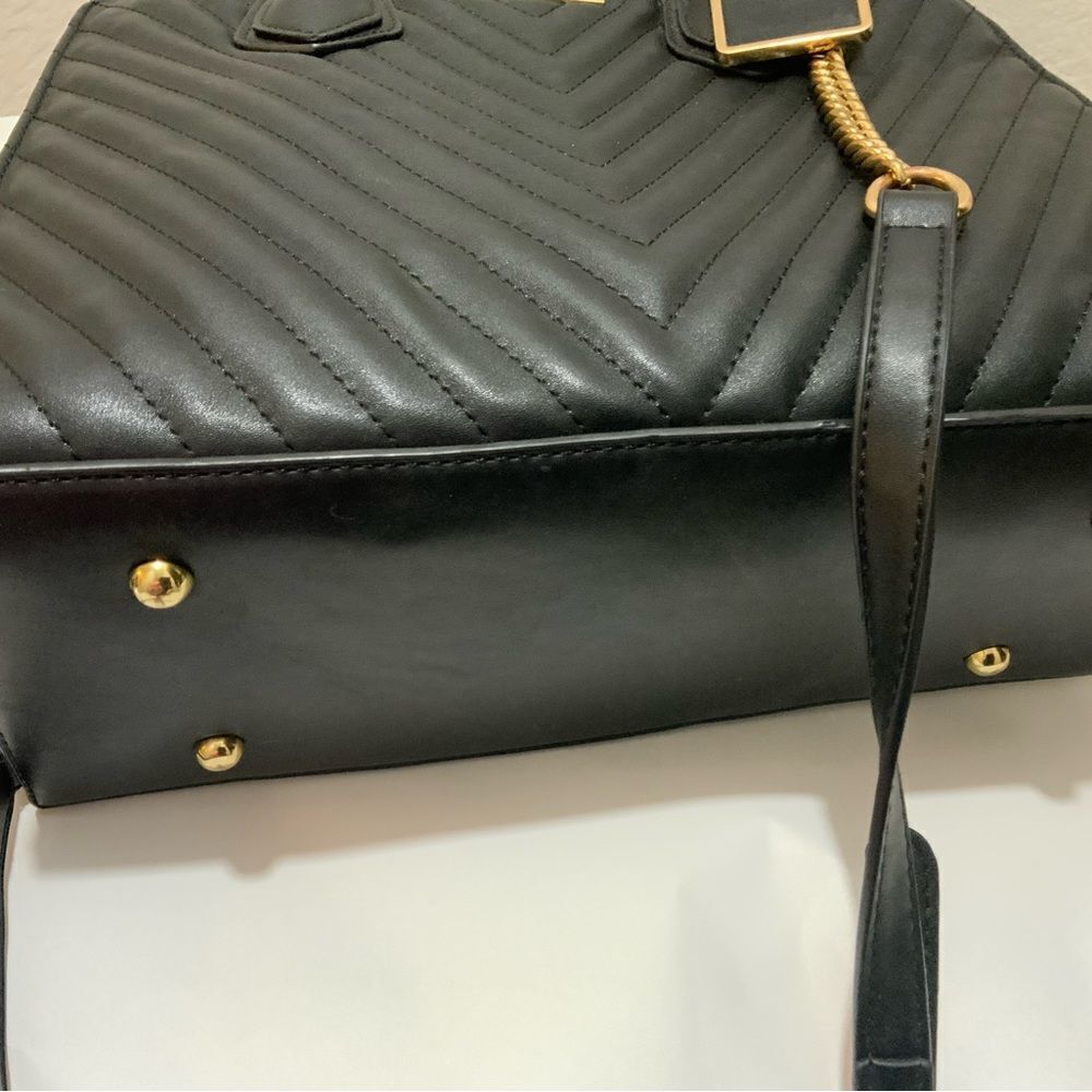 Aldo Womens Satchel Handbag Black Pockets Dual Handle Chain Zipper Faux Leather - Picture 9 of 16